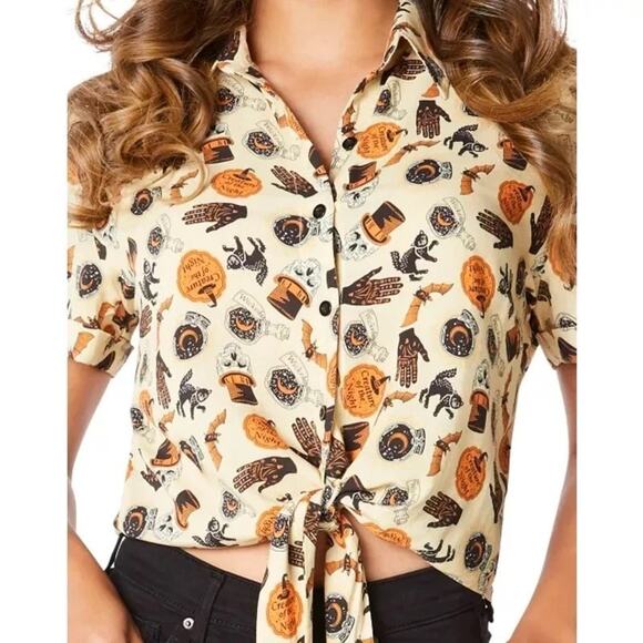 Spirit Halloween Crop Top Womens XL Button Up Tie Front Spooky Skull Witchy Bat - Picture 1 of 8